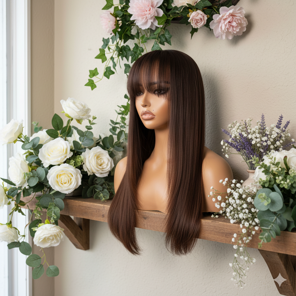 PERRUQUE « Bella Fringe » _Longue, Lisse, Brune avec Frange