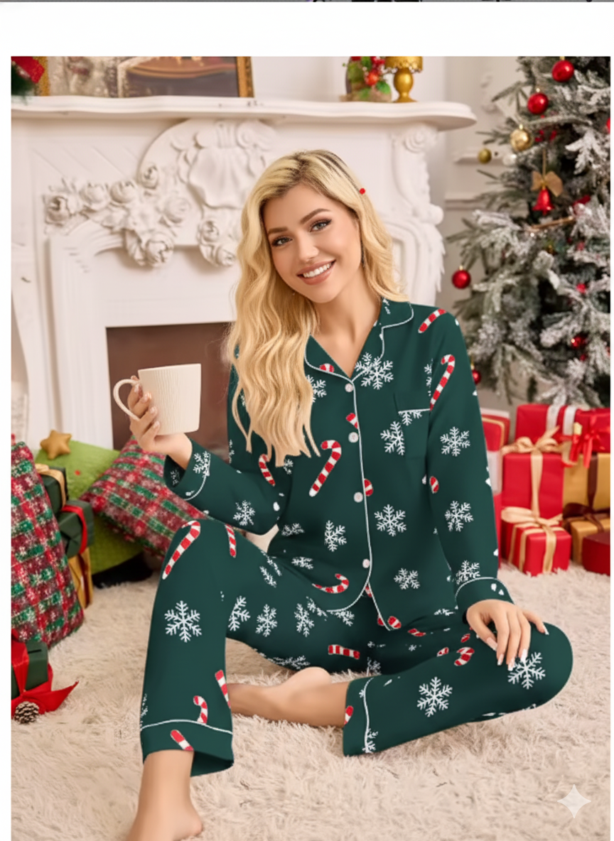 Pyjama de Noël Femme Vert – Flocons & Cannes de Sucre
