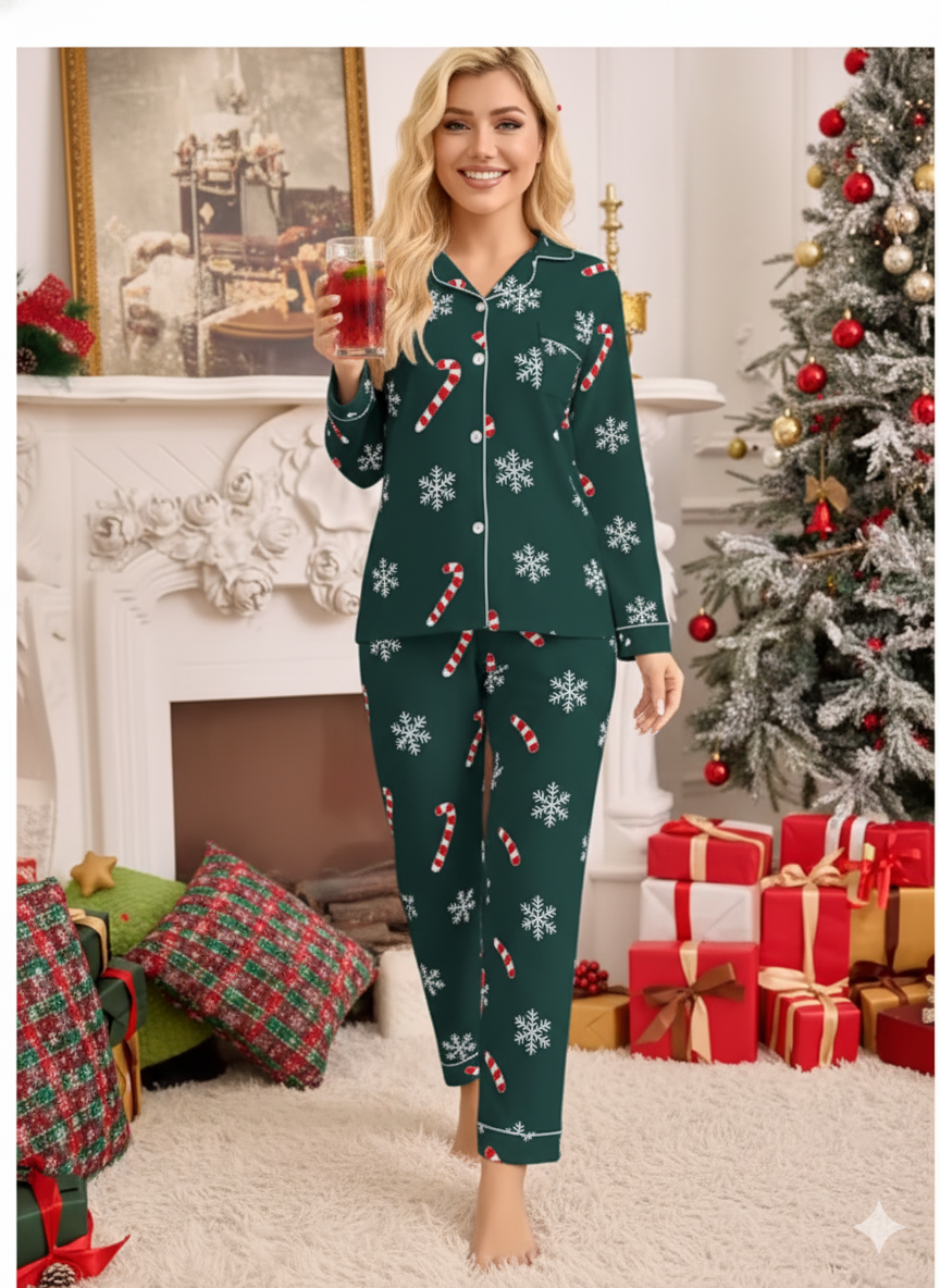 Pyjama de Noël Femme Vert – Flocons & Cannes de Sucre