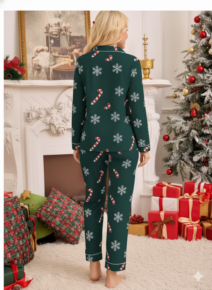 Pyjama de Noël Femme Vert – Flocons & Cannes de Sucre