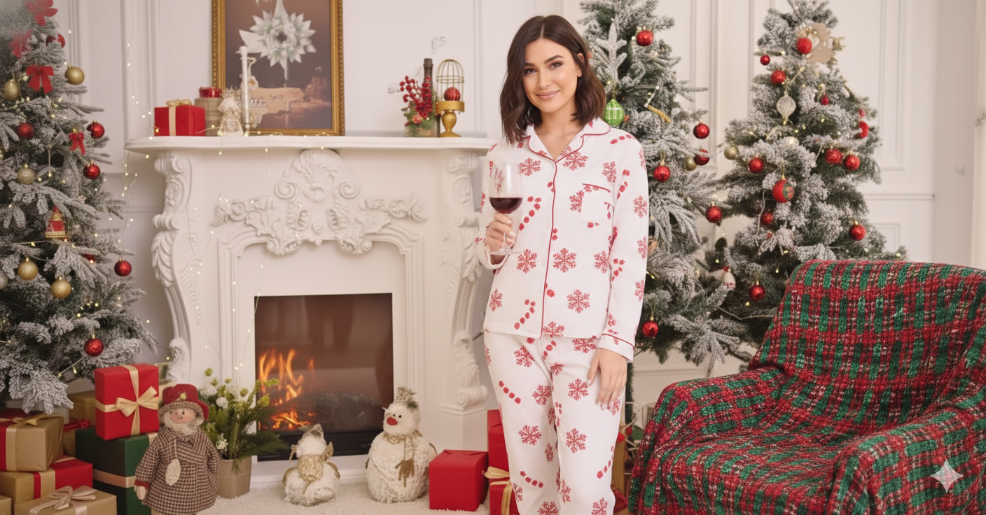 Ensemble Pyjama de Noël Femme – Motifs Flocons & Cannes de Sucre