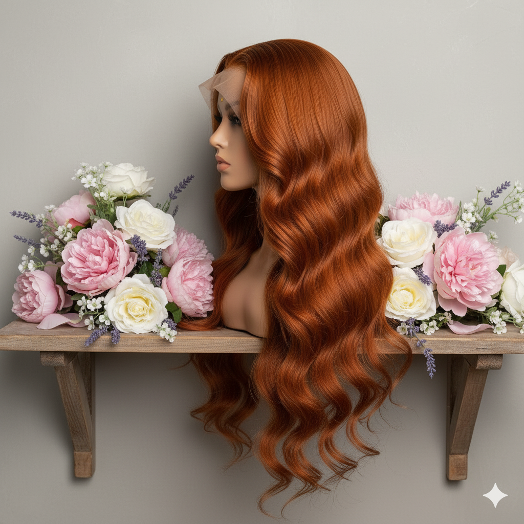 Perruque “Soraya” – Ondulations Cuivrées en Cheveux 100 % Humains