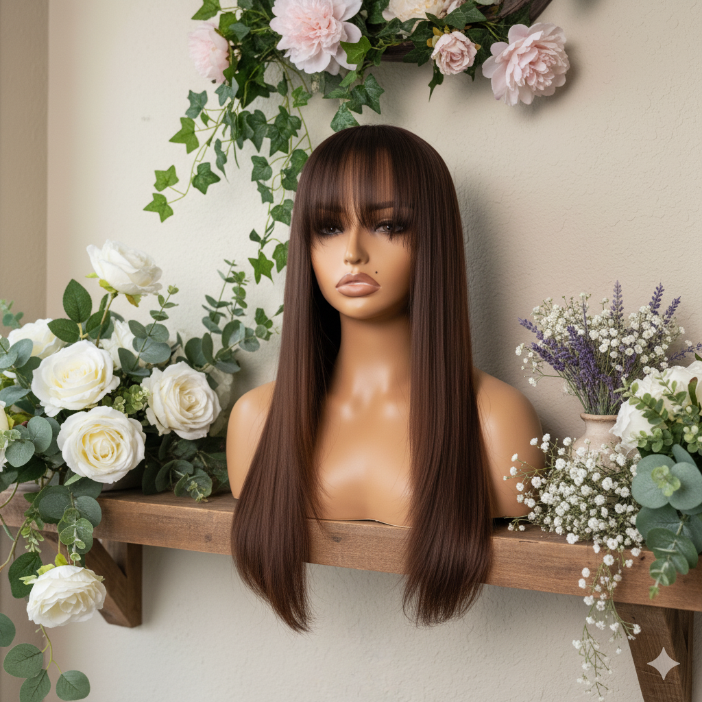 PERRUQUE « Bella Fringe » _Longue, Lisse, Brune avec Frange