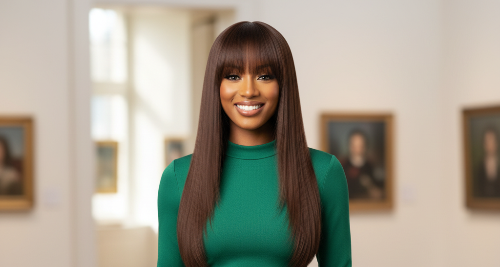 PERRUQUE « Bella Fringe » _Longue, Lisse, Brune avec Frange